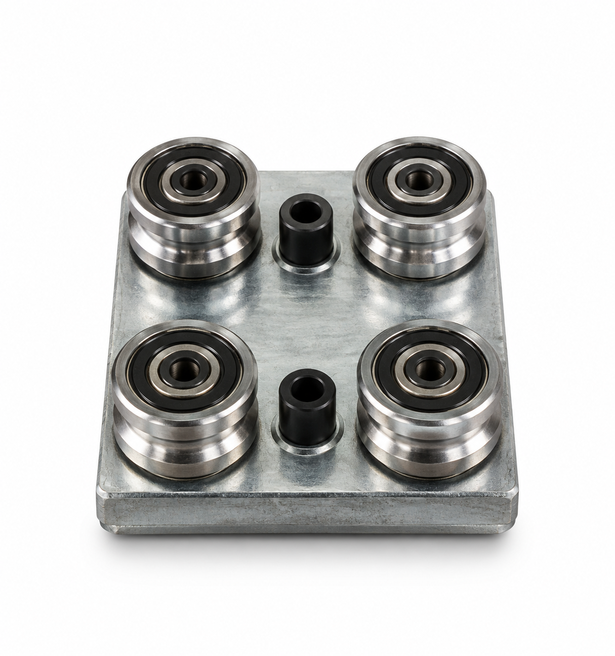 Industrial embroidery machine roller guide assembly with four bearing rollers